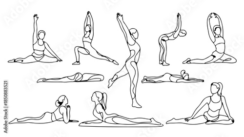 line art illustrations depicting various common yoga asanas or positions. 