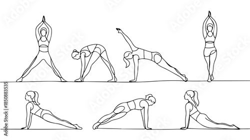  a collection of line art illustrations depicting various common yoga asanas or positions. 