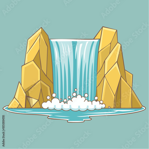 Cartoon illustration of a waterfall cascading between rocky cliffs into a pool of water.