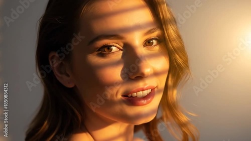 Portrait of Smiling Young Woman with Natural Light and Shadow Effects for Beauty Concepts
