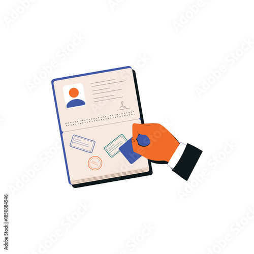 Hand Stamping Passport Vector Illustration. Visa Approval Concept Design