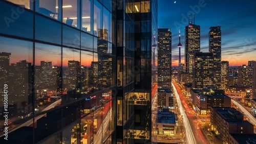 Toronto Cityscape Reflections: A Night Time View of Traffic and Building Lights Through Glass