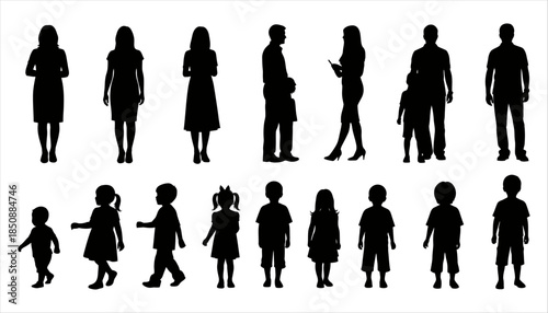 Collection of black silhouettes of men women and children of various ages depicted standing and in motion against a plain backdrop representing diverse individuals people family male