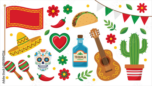 Colorful collection of Mexican cultural icons including a sombrero maracas guitar tequila flag and festive decorations culture celebration fiesta cactus taco skull heart chili flower