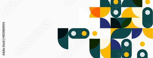 Abstract geometric shapes, teal, gold, white. Modern design elements create playful composition. Minimalist aesthetic.