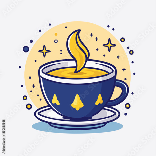 Illustration of a blue teacup with yellow liquid and steam, on a saucer, with stars and dots on a yellow background.