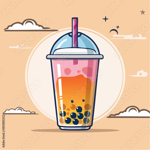 Illustration of a bubble tea drink with tapioca pearls in a plastic cup with a straw.