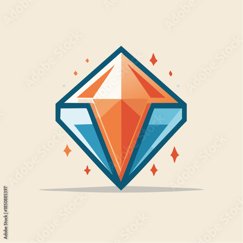 Stylized diamond with orange and blue facets, outlined in dark blue, on a beige background with sparkles.