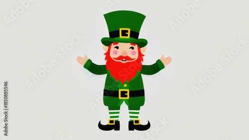 A cartoon-style of a cheerful leprechaun holding its hands out in a welcoming gesture. The character is wearing traditional Irish attire, including a hat, beard, and buckled shoes.
