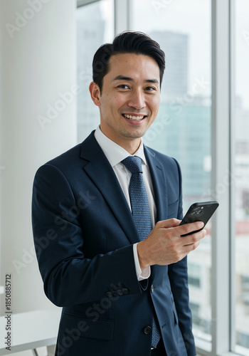 Modern businessman smiling at the camera while holding a smartphone
