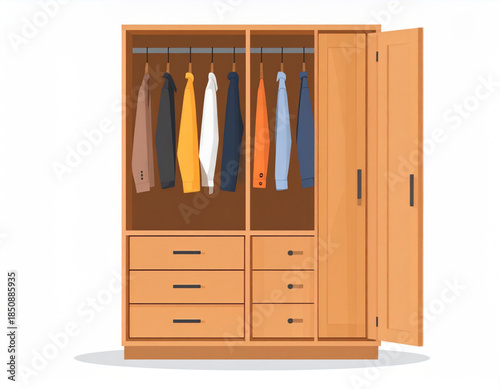 Open wooden wardrobe with hanging clothes and multiple storage drawers, a common piece of bedroom furniture.