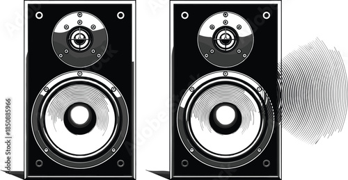 Black and white speaker illustration, stereo sound system vector, audio music concept, loudspeaker box design, modern electronics, sound wave graphic