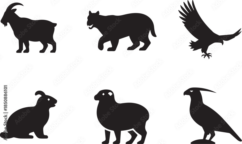 Obraz premium Set of animal silhouettes, black and white vector illustration of wild and domestic animals, isolated collection for wildlife, nature, and design concepts
