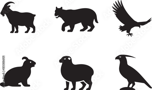 Set of animal silhouettes, black and white vector illustration of wild and domestic animals, isolated collection for wildlife, nature, and design concepts