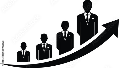 Business growth career progression concept, professional success hierarchy illustration, leadership development stages with upward arrow, corporate achievement metaphor, minimal black vector design