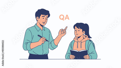 Young teacher explaining quality assurance concepts to student in a classroom setting