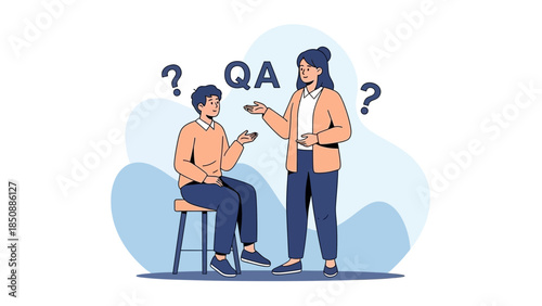 Discussion between a woman and a young man about quality assurance concepts in a modern