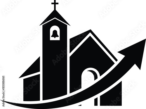  Christian church growth concept vector illustration, religious building with upward arrow symbol, faith based success, spiritual progress, community development and ministry expansion design
