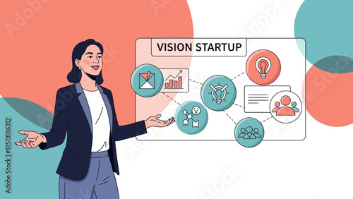 businesswoman presenting startup vision with infographic diagrams and icons