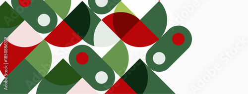 Abstract geometric shapes overlap. Green, red, pink hues dominate white background. Modern design, simple composition.