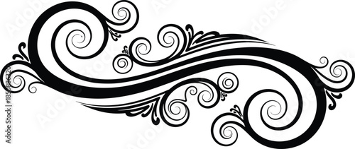  Decorative floral swirl ornament vector, elegant vintage scroll design, abstract black flourish pattern, classic baroque style divider, ornamental frame element illustration