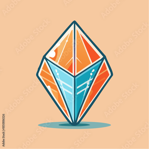 Stylized illustration of a diamond shape with orange and blue facets on a peach background.