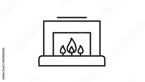Black line drawing of a fireplace with three flames burning inside a square hearth and mantle