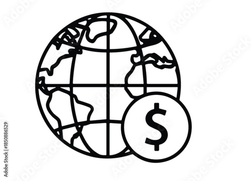  Global finance icon with world globe and dollar symbol, international economy concept, global business investment, money exchange, black and white vector illustration