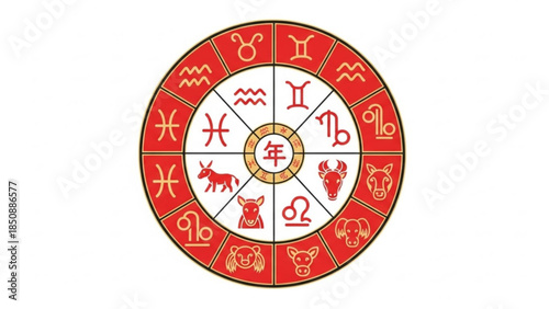 Zodiac wheel with symbols and animals in red and gold on white