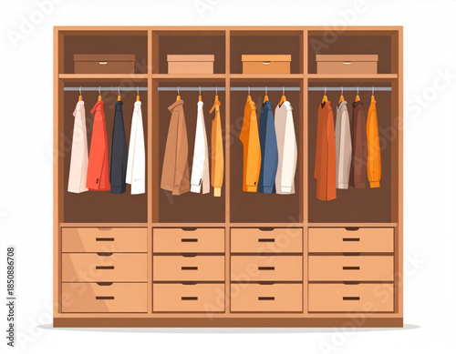 Wooden wardrobe with various clothes hanging and folded, and multiple storage drawers for home organization.