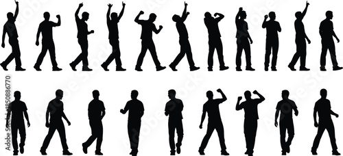  People silhouette collection showing walking, cheering and dancing poses, male human figure set, black vector illustration isolated on white background