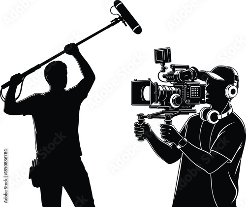  Professional film crew silhouette recording video scene, cameraman with stabilizer and boom microphone operator, movie production process, filmmaking equipment, black vector illustration