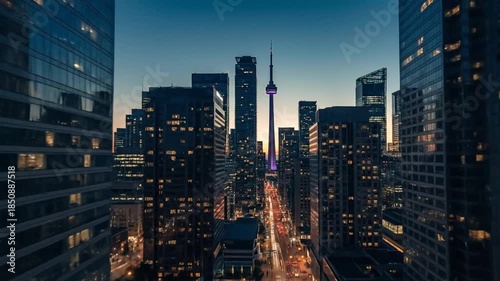 Aerial view of Toronto's illuminated skyline at twilight showcases city vibrancy and modern