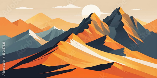 Scenic mountain valley illustration featuring vibrant peaks and peaceful morning atmosphere.