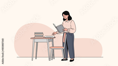 woman studying with books and a tablet in a minimalistic setting illustrating learning and
