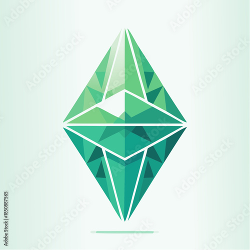 Geometric green diamond design with triangular facets, creating a modern and abstract gemstone illustration.