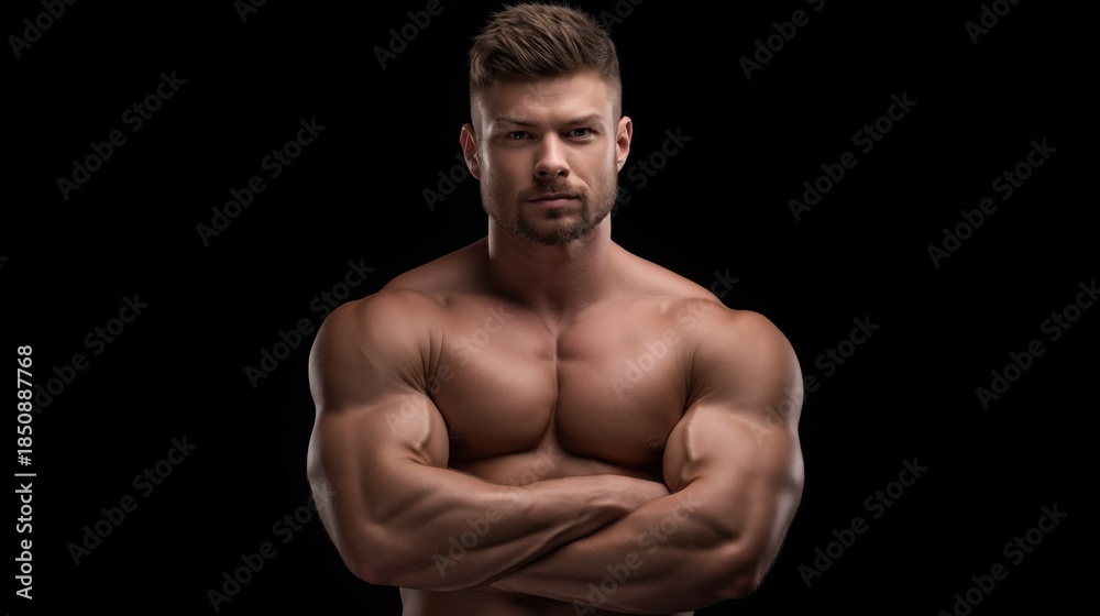 Fototapeta premium A strong man with a muscular build strikes a confident pose, displaying his well-defined muscles under dramatic lighting