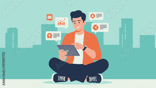 Young man using digital tablet with data charts and icons in a modern city background