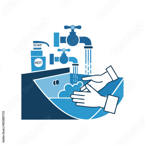 Illustration of hands washing with soap and water in a sink with a faucet and soap dispenser.
