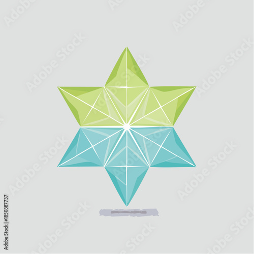 A geometric star design with green and blue facets, creating a modern, crystalline appearance.