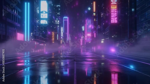 Futuristic city street at night illuminated by vibrant neon lights and reflections on a wet surface.