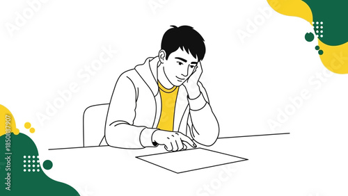 Young person working on a tablet with a thoughtful expression in a modern digital workspace