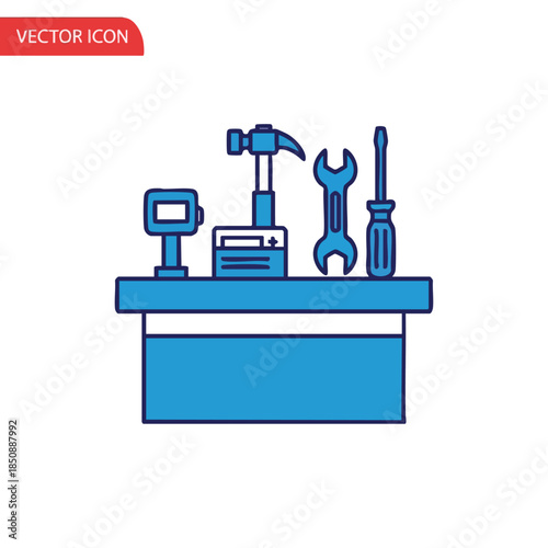 Vector illustration of a blue workbench with tools and equipment on a white background.