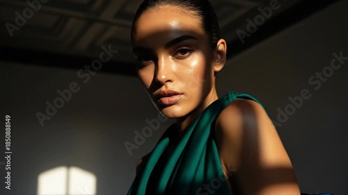 Elegant woman posing in sunlit studio showcasing modern fashion and beauty trends