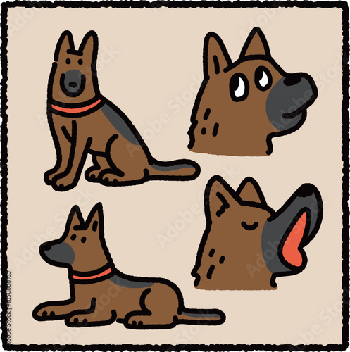 Cute Hand-Drawn German Shepherd Illustration Set – Friendly Cartoon Dog