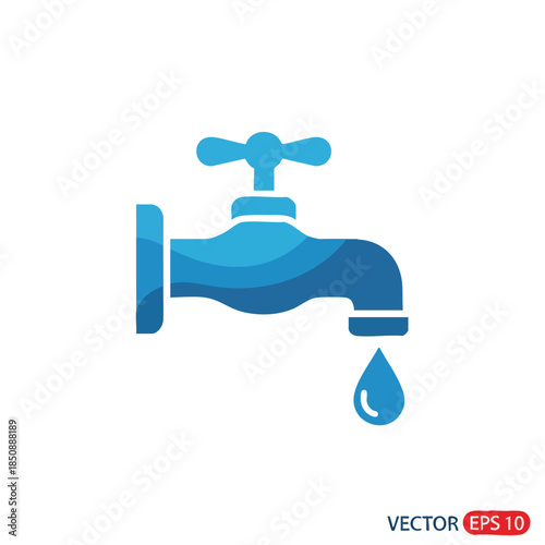 Vector illustration of a blue water faucet with a single drop falling from the spout on a white background.