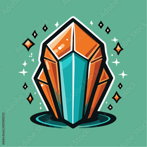 Stylized illustration of an orange and blue crystal with sparkles on a green background.
