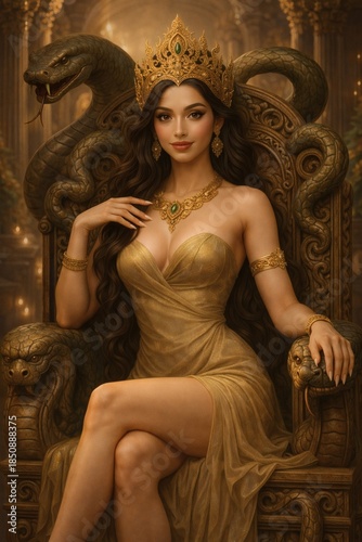 Sacred Serpent Queen on Ornate Throne of Ancient Temple