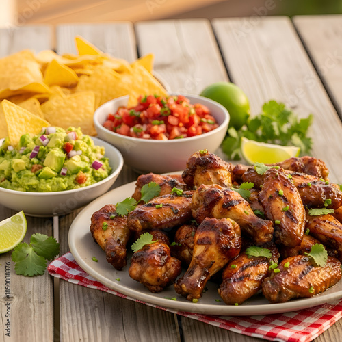 Glazed Chicken Wings Guacamole  Chips Outdoor Table