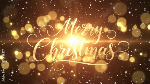 Festive Merry Christmas animation background with pine branches, red ribbons and bokeh effect